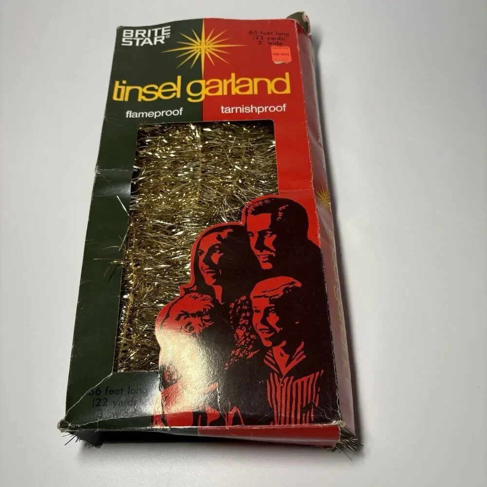Vintage Brite Star Tinsel Garland Gold Christmas Flameproof 66” USA